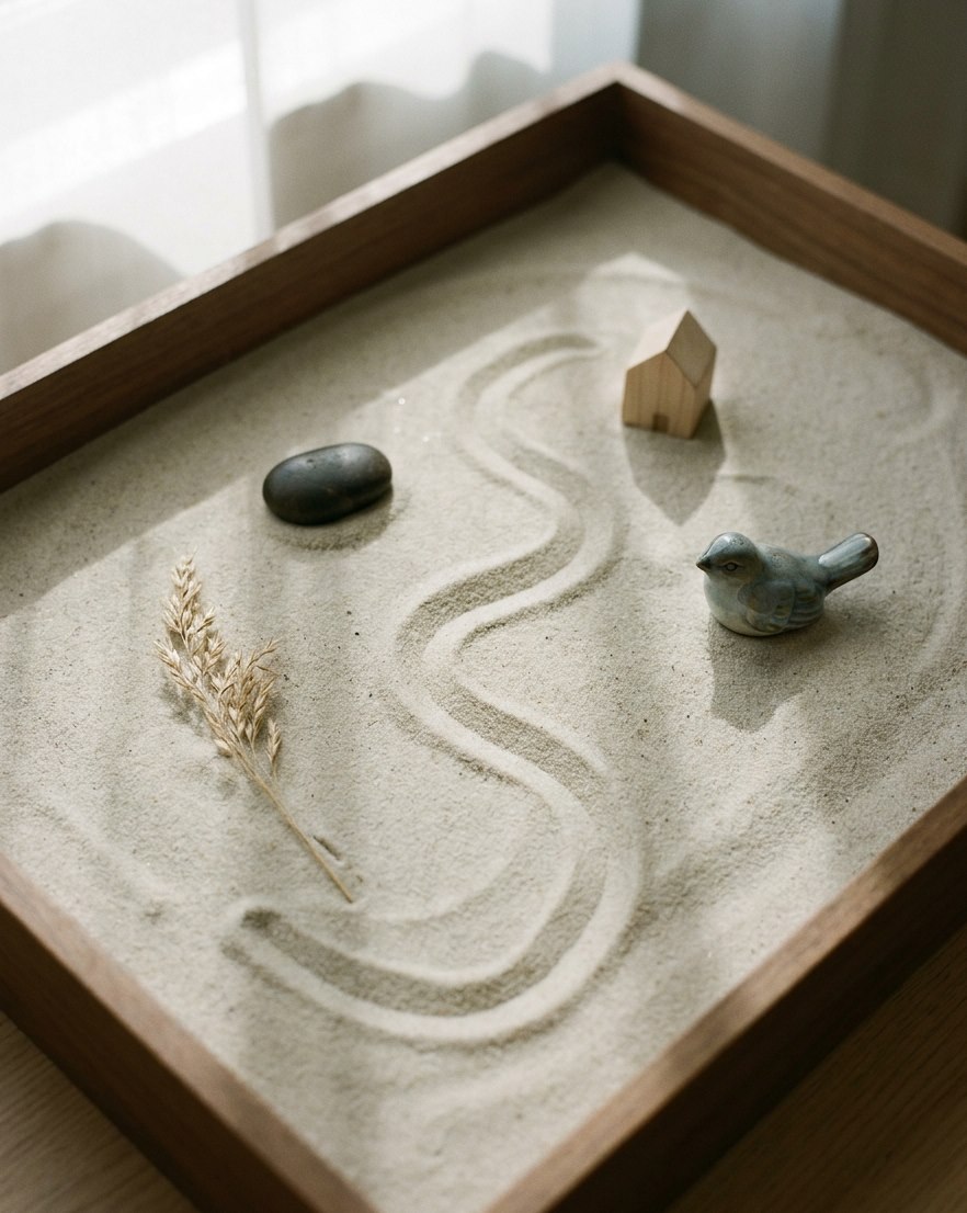 A sandtray seen from above with a stone, a small house and a ceramic bird