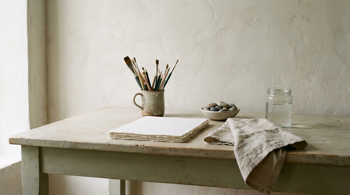 Paper, brushes, a bowl of stones and a linen cloth on a wooden table